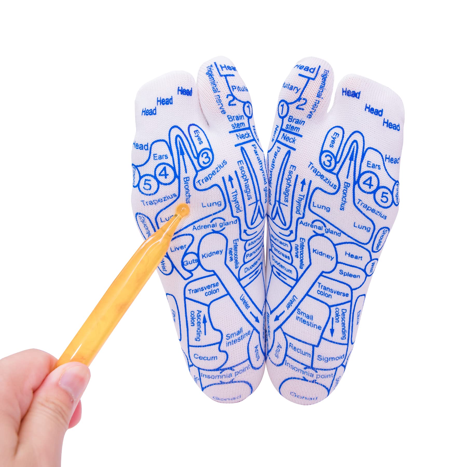 Broman socks worn on feet with reflexology charts visible