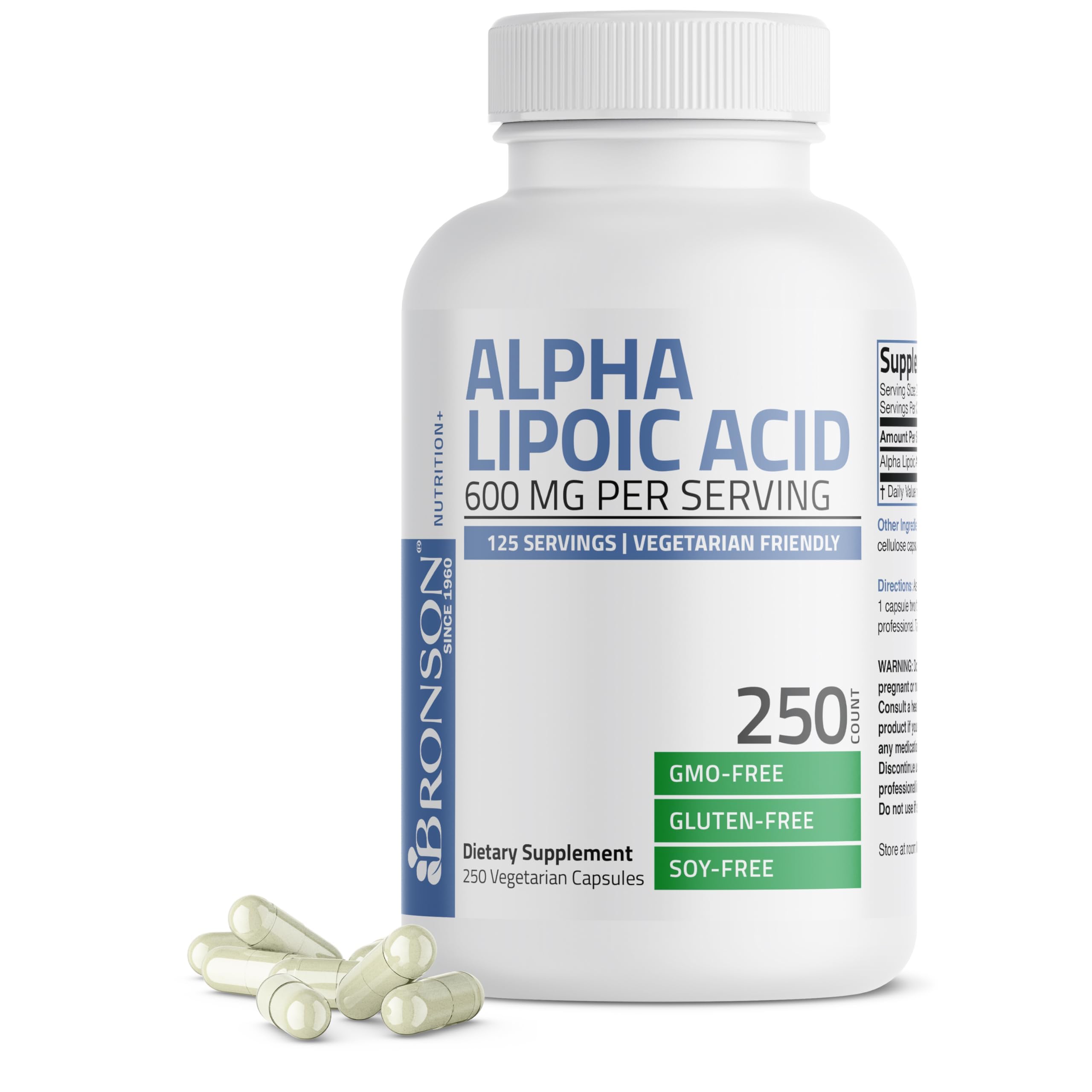 Bronson Alpha Lipoic Acid 600 MG bottle front showing vegan non-GMO formula.