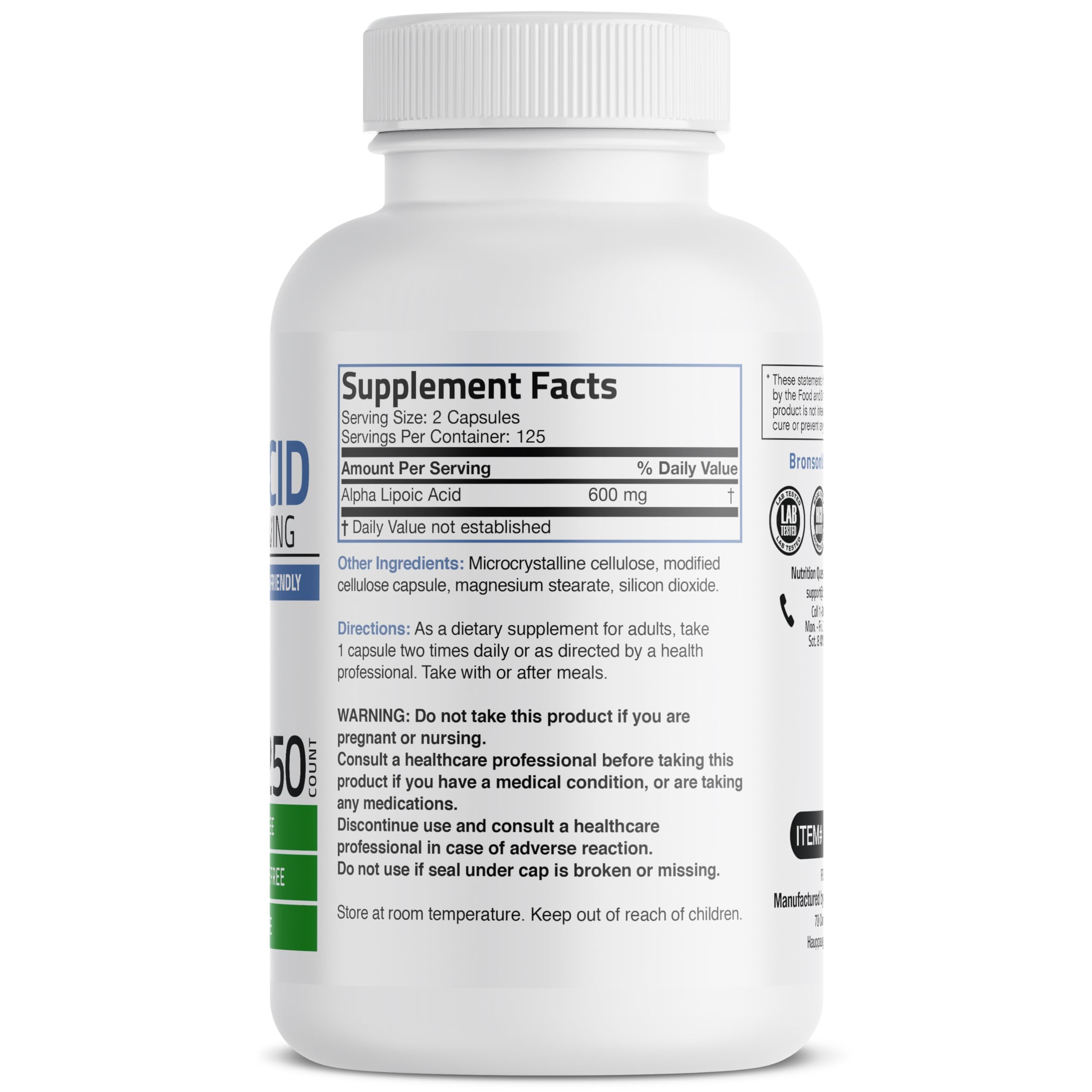 Bronson Alpha Lipoic Acid 600 MG capsules for daily antioxidant support.