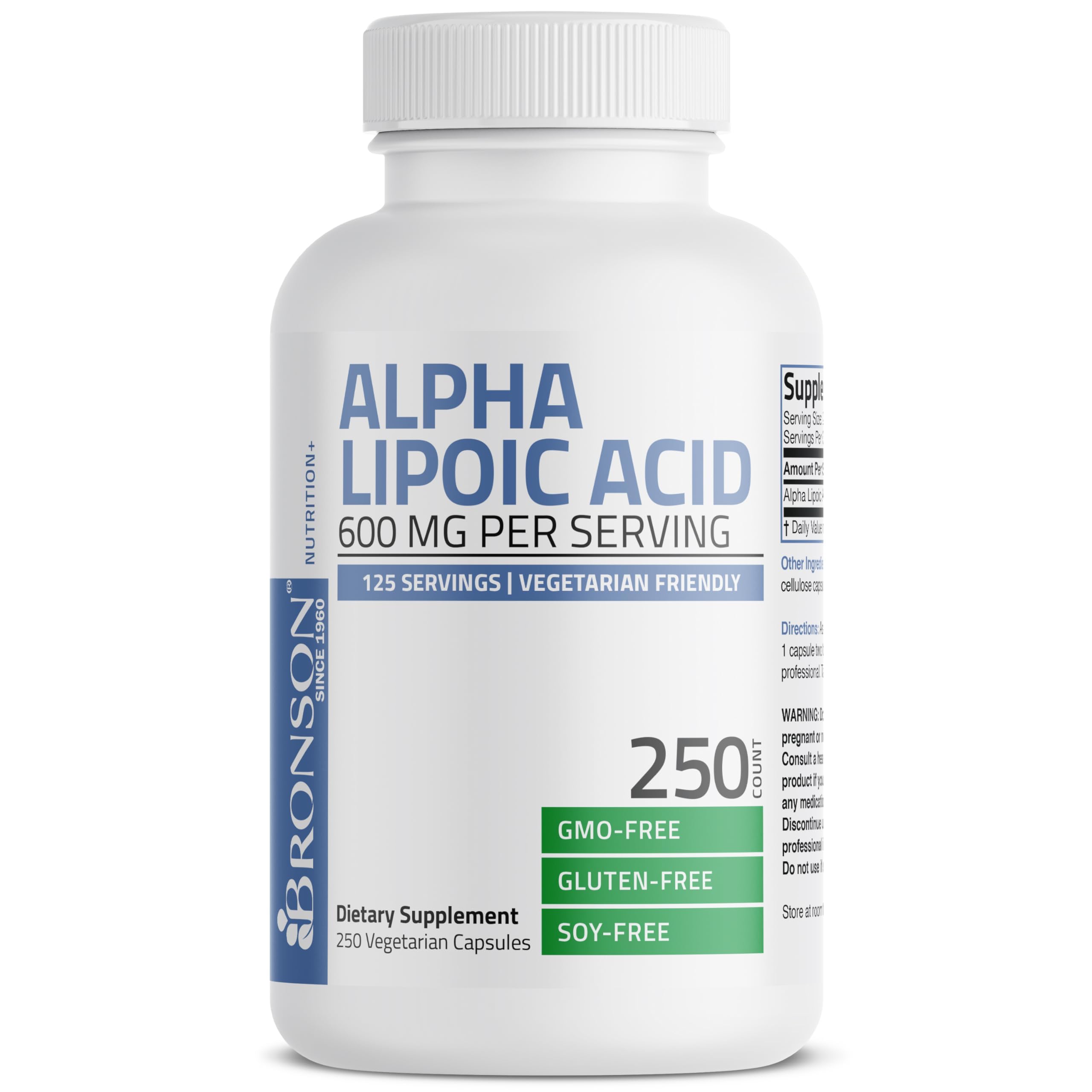 Bronson Alpha Lipoic Acid ingredients highlight gluten-free and soy-free composition.