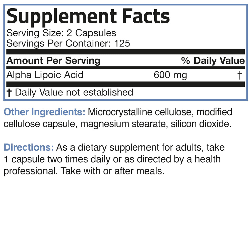 Bronson Alpha Lipoic Acid packaging showing 250 vegetarian capsules.