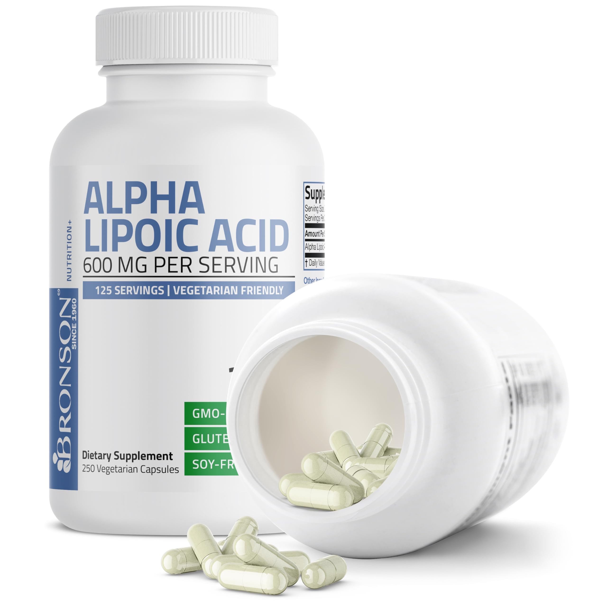Bronson Alpha Lipoic Acid vegan-friendly formula illustrated with plant-based cues.