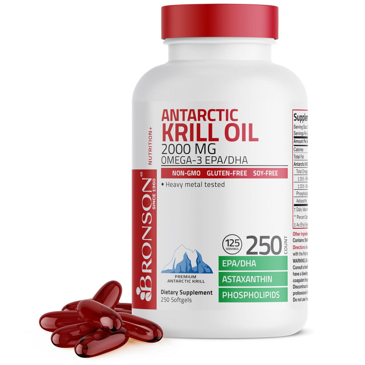 Bronson Antarctic Krill Oil bottle showing Antarctic sourcing for omega-3 support.