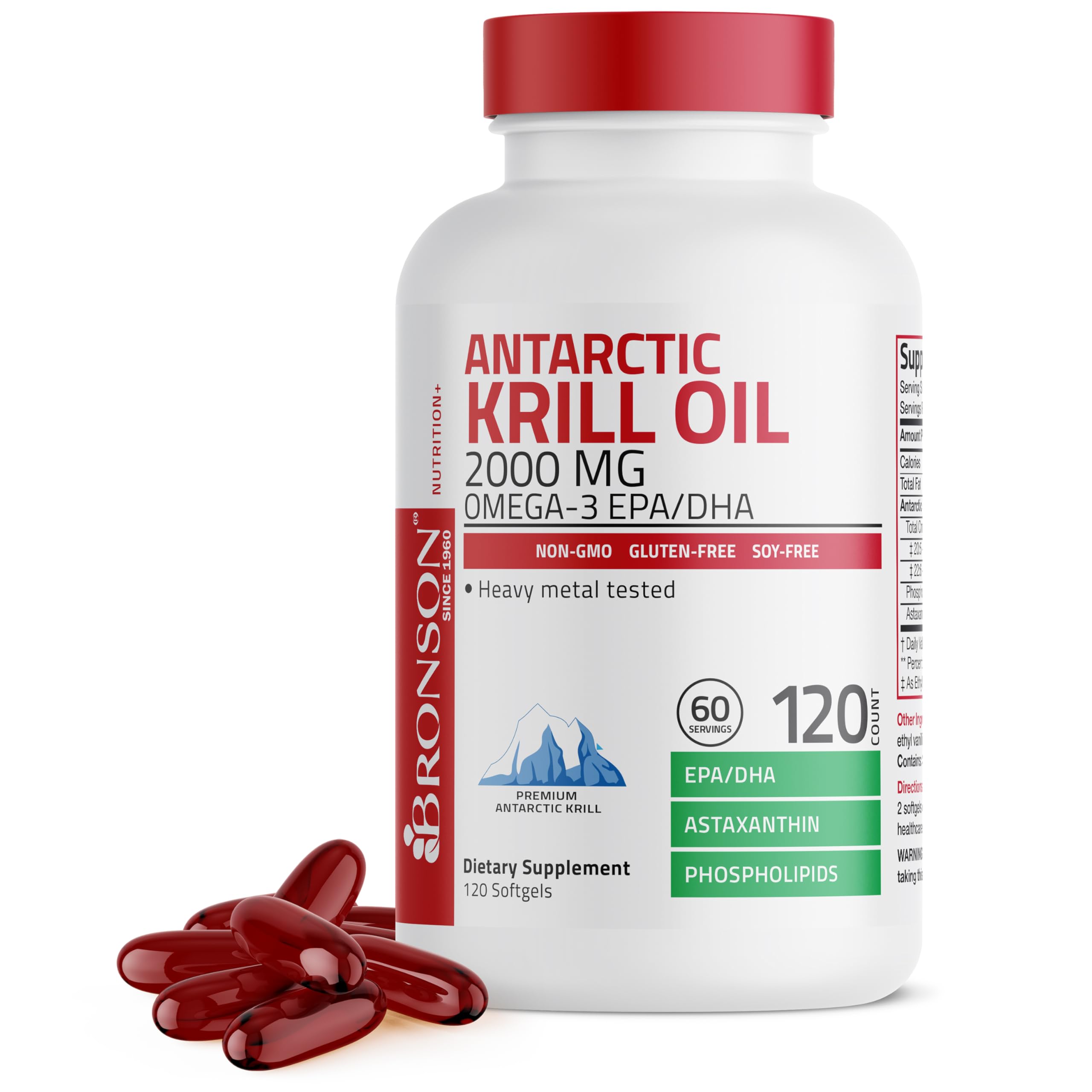 Bronson Antarctic Krill Oil bottle with softgels supports daily omega-3 intake.