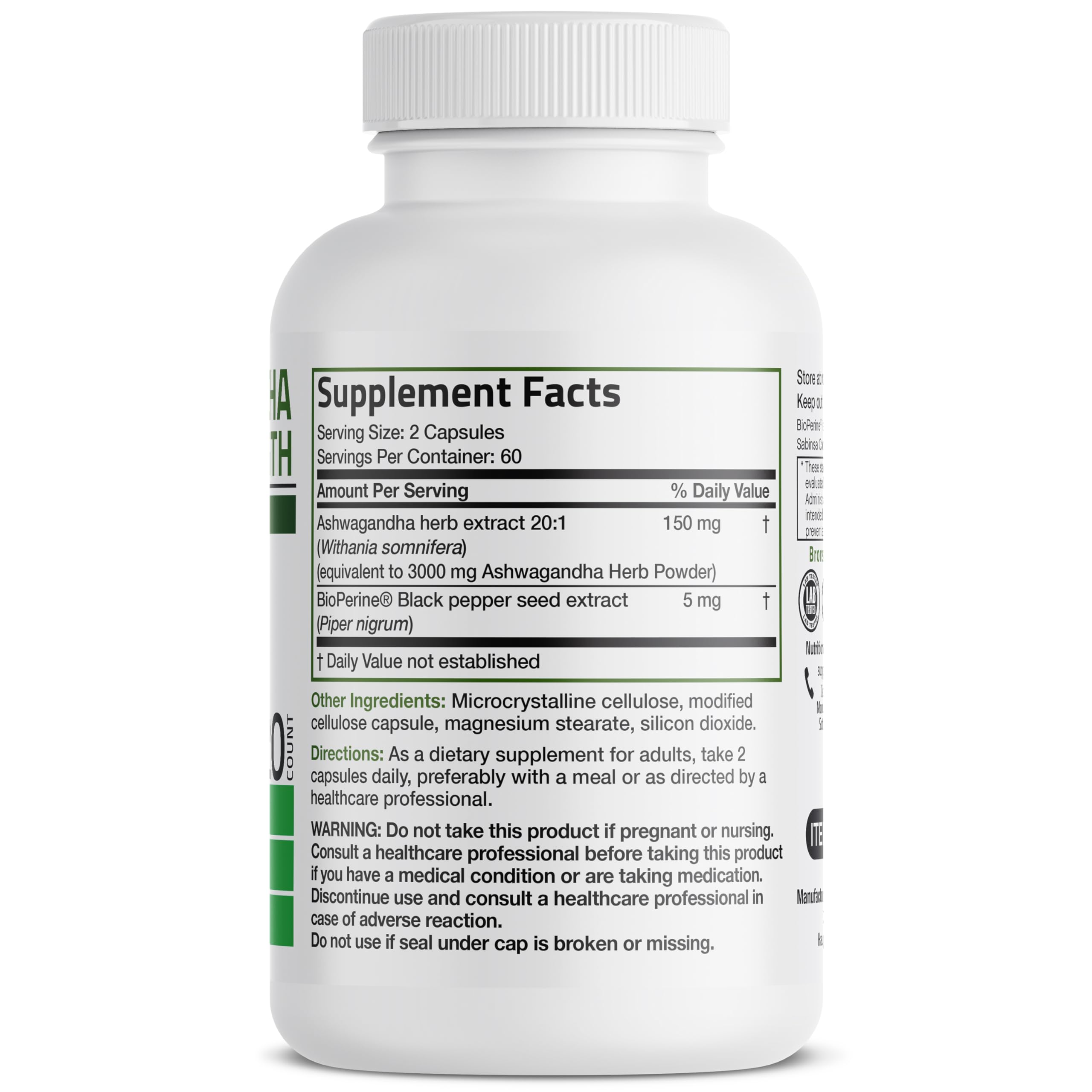 Bronson Ashwagandha capsules closeup showing vegetarian capsules and potency