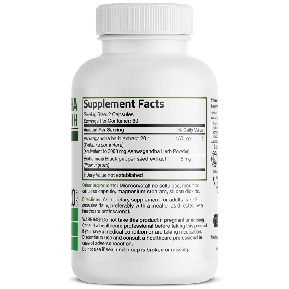 Bronson Ashwagandha capsules closeup showing vegetarian capsules and potency
