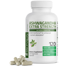 Bronson Ashwagandha extra strength bottle on desk for daily stress support
