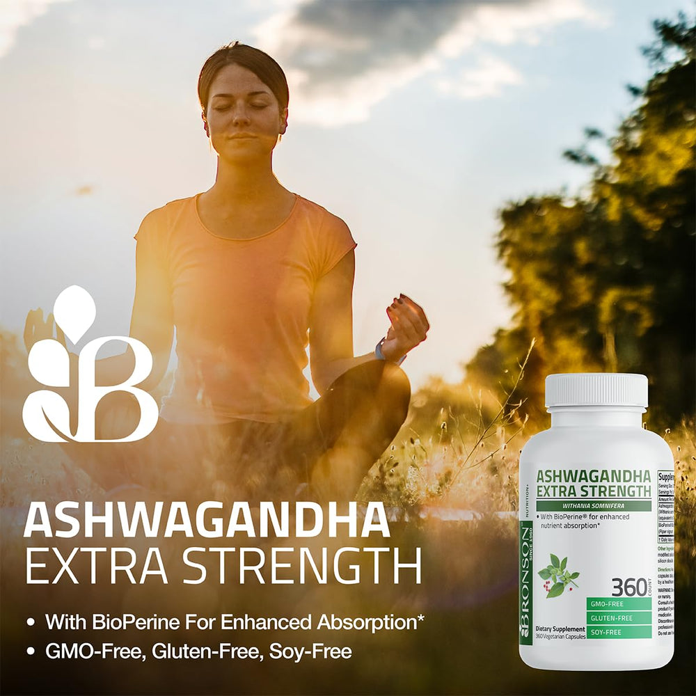 Bronson Ashwagandha label detail highlighting non-GMO and gluten-free features