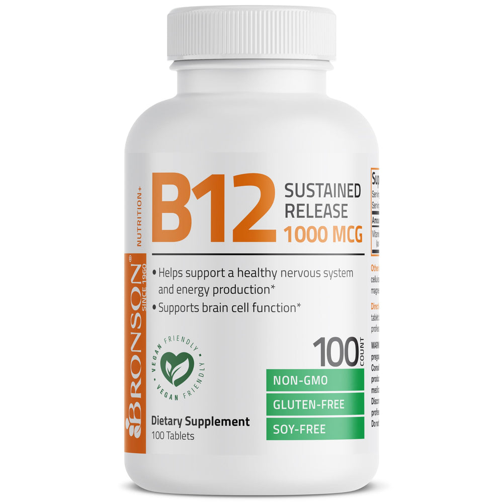 Bronson B12 bottle on a desk beside a notebook for daily supplementation