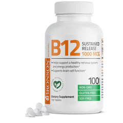 Bronson B12 sustained-release tablet showing 1000 mcg potency for steady energy
