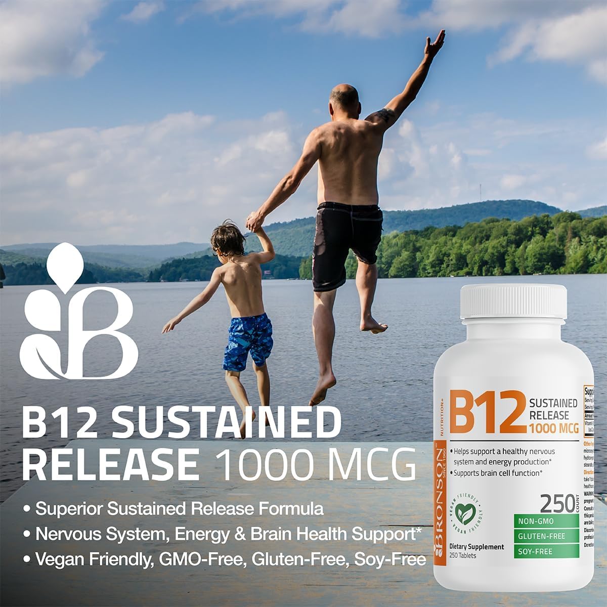 Bronson B12 vegan formula packaging with gluten-free and soy-free notes