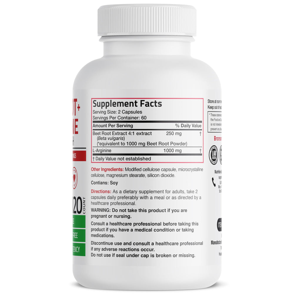 Close-up of Bronson beet root and L-Arginine capsules label highlighting nitric oxide potential