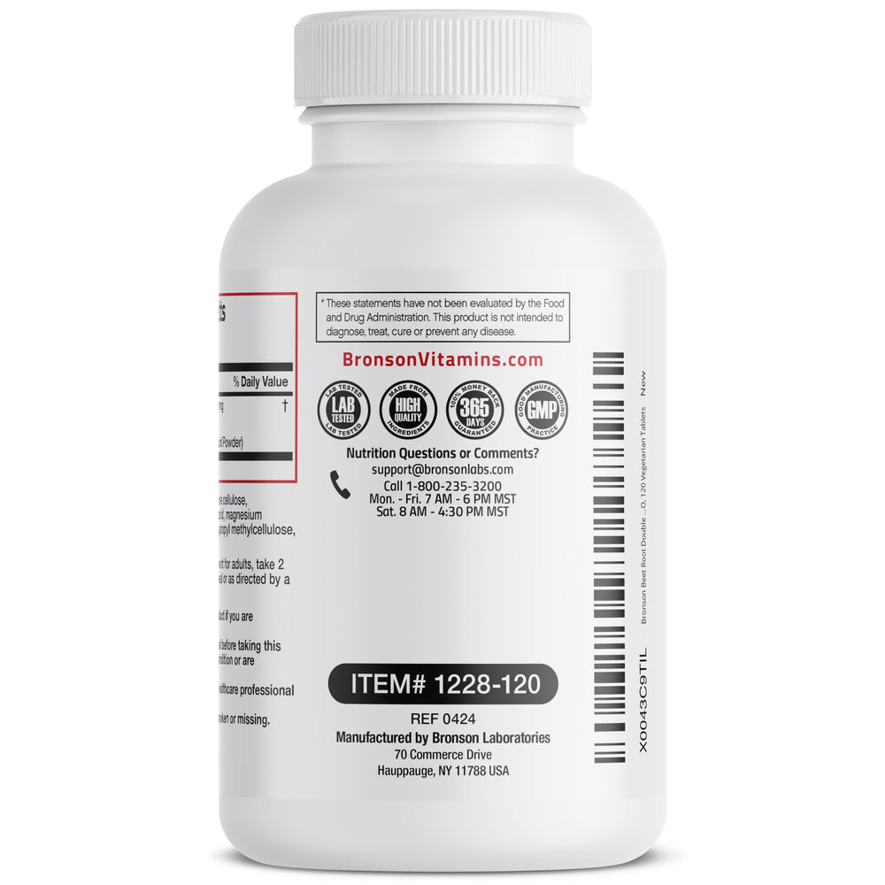 Bronson Beet Root Double Strength bottle label highlights vegan and non-GMO claims.