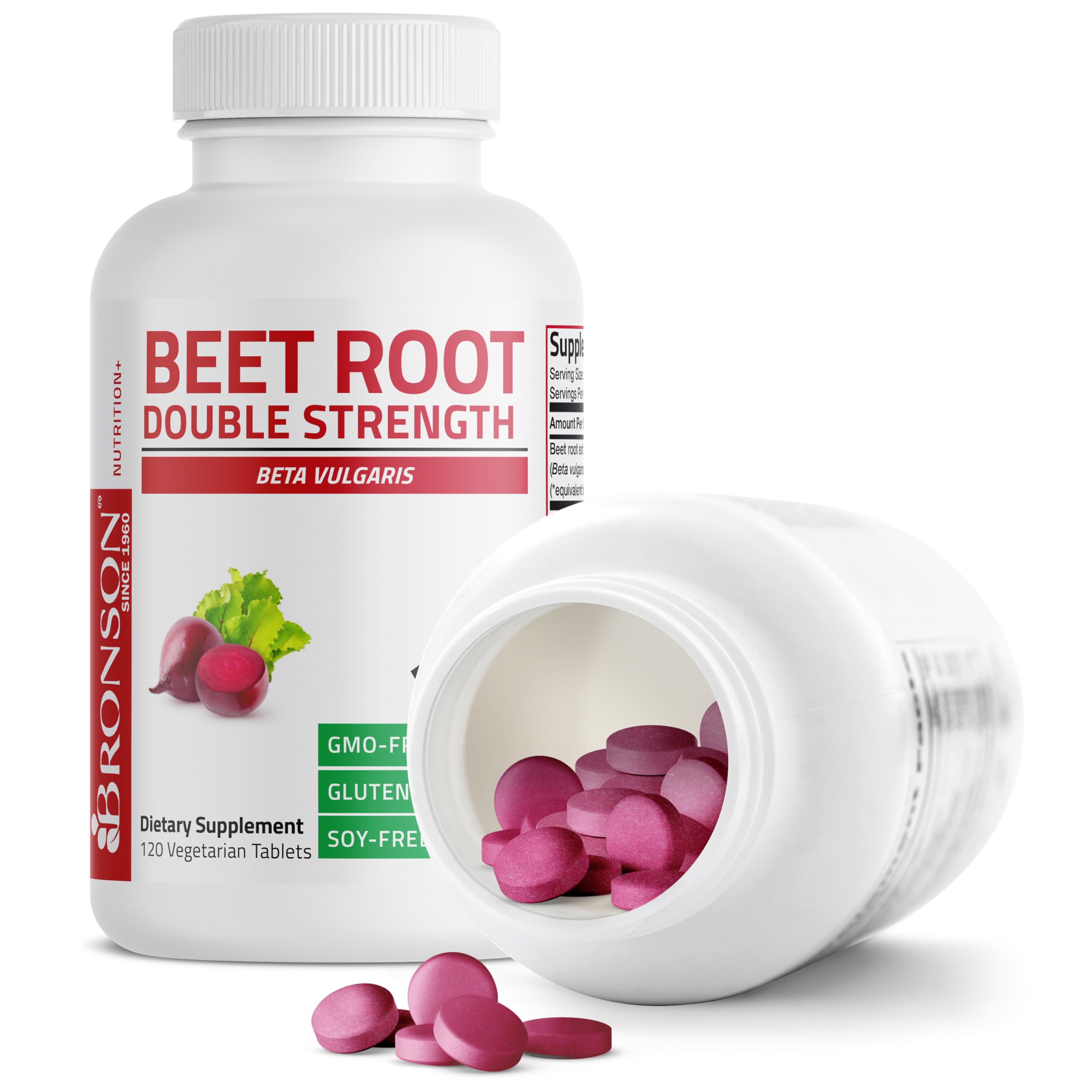 Bottle of Bronson Beet Root Double Strength pouring tablets.