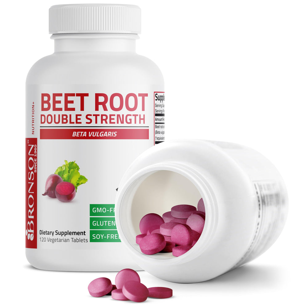 Bottle of Bronson Beet Root Double Strength pouring tablets.