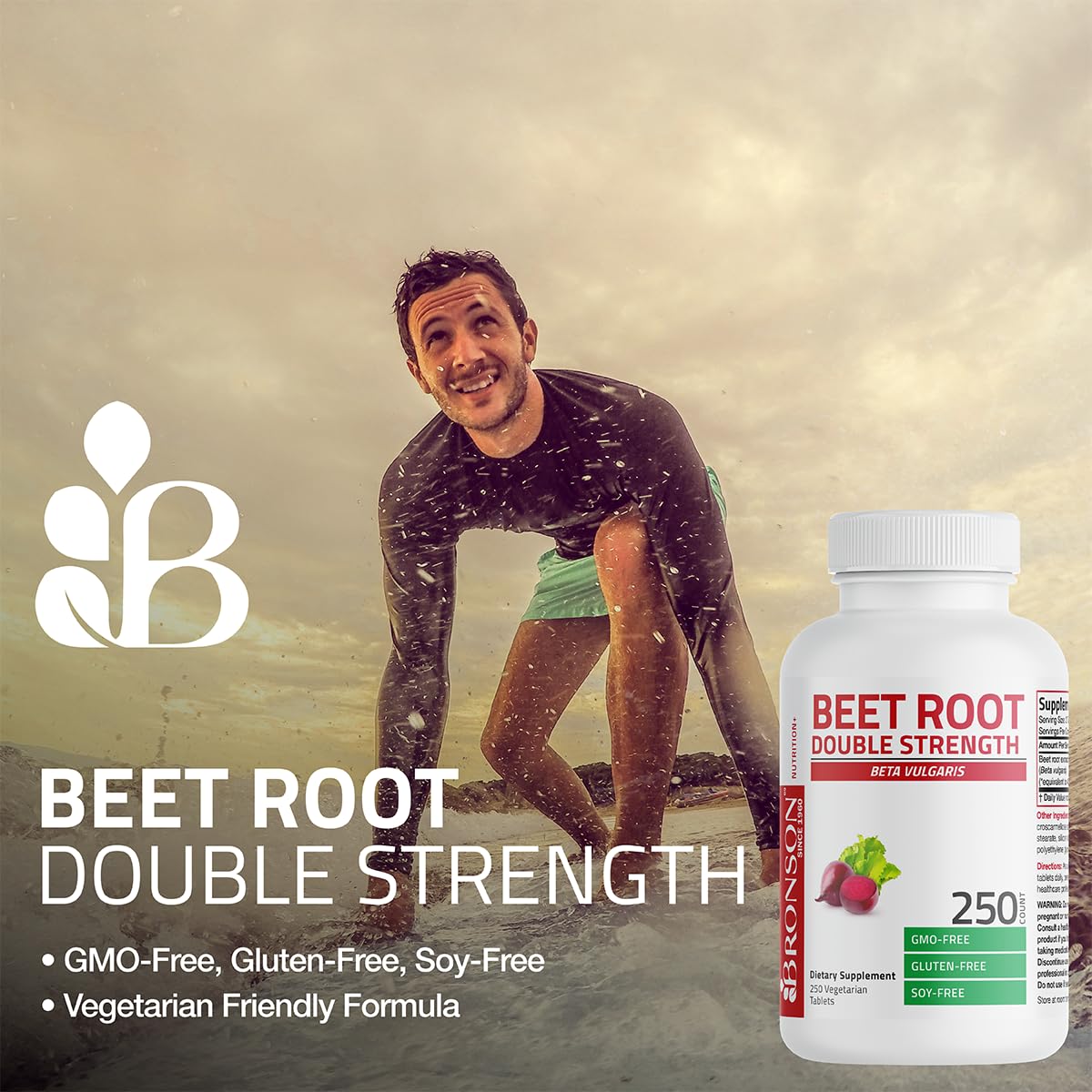 Close-up of Bronson Beet Root Double Strength label noting non-GMO and vegan.