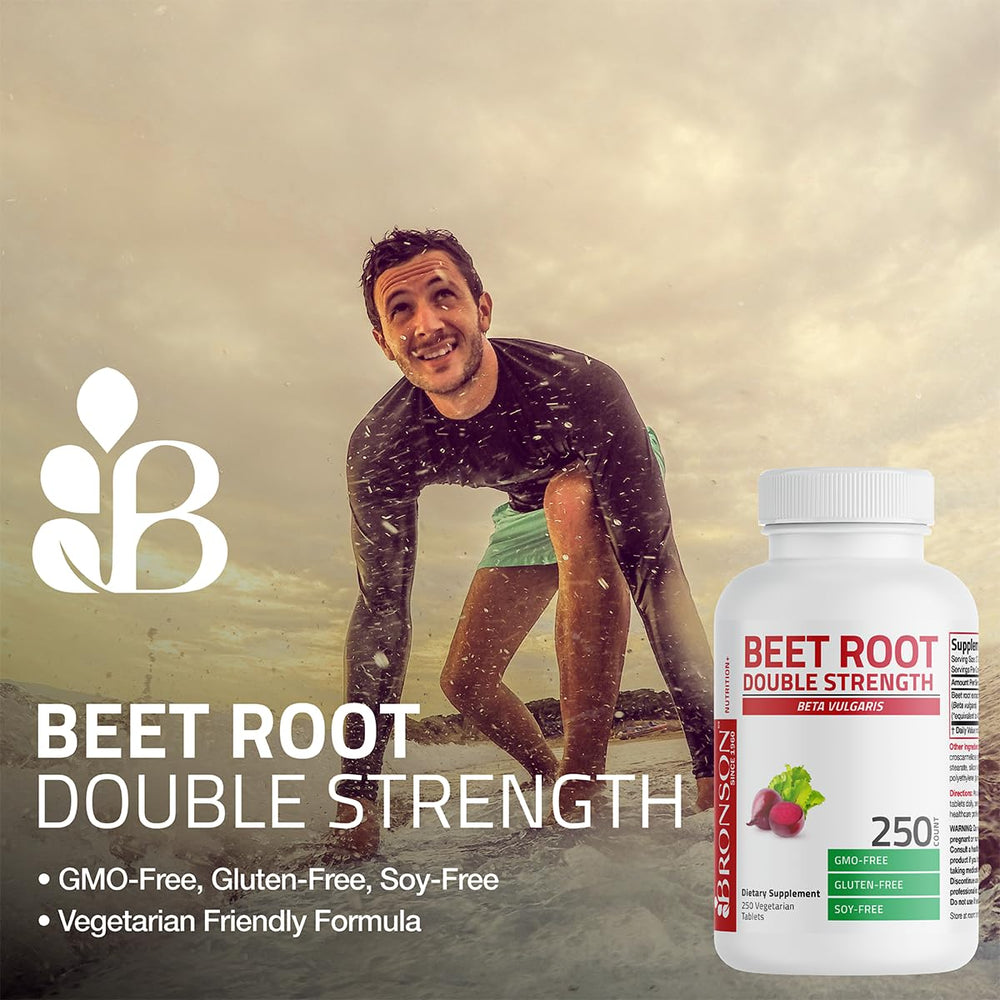 Close-up of Bronson Beet Root Double Strength label noting non-GMO and vegan.