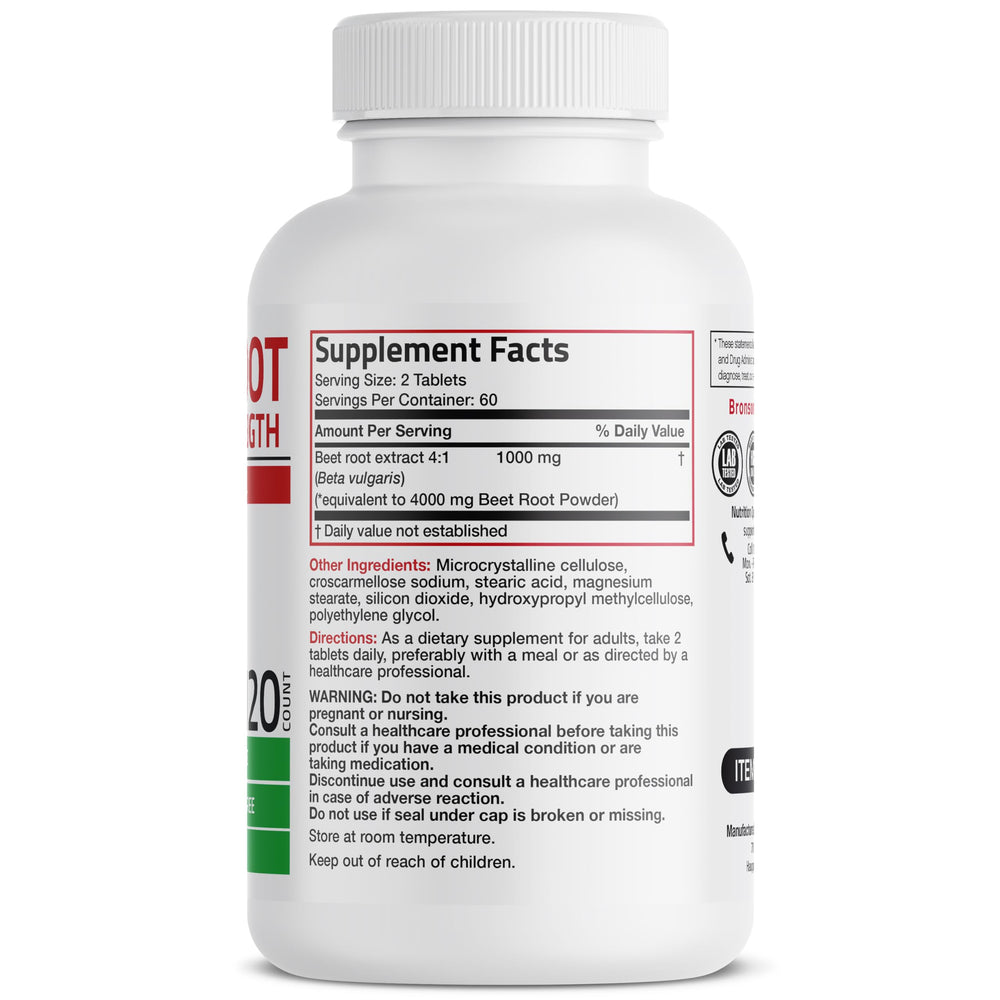Bronson Beet Root Double Strength 120 vegetarian tablets ready for daily use.