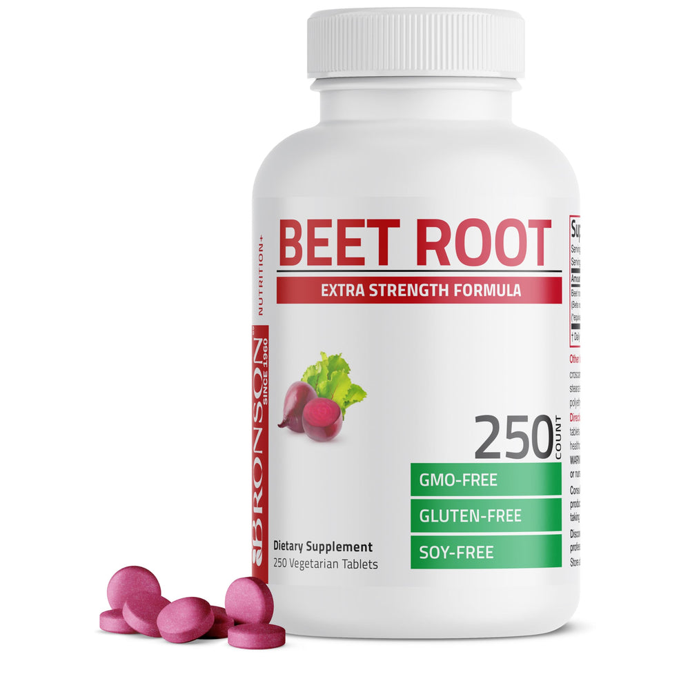 Bronson Beet Root Extra Strength bottle front highlighting vegan, non-GMO formula for daily stamina