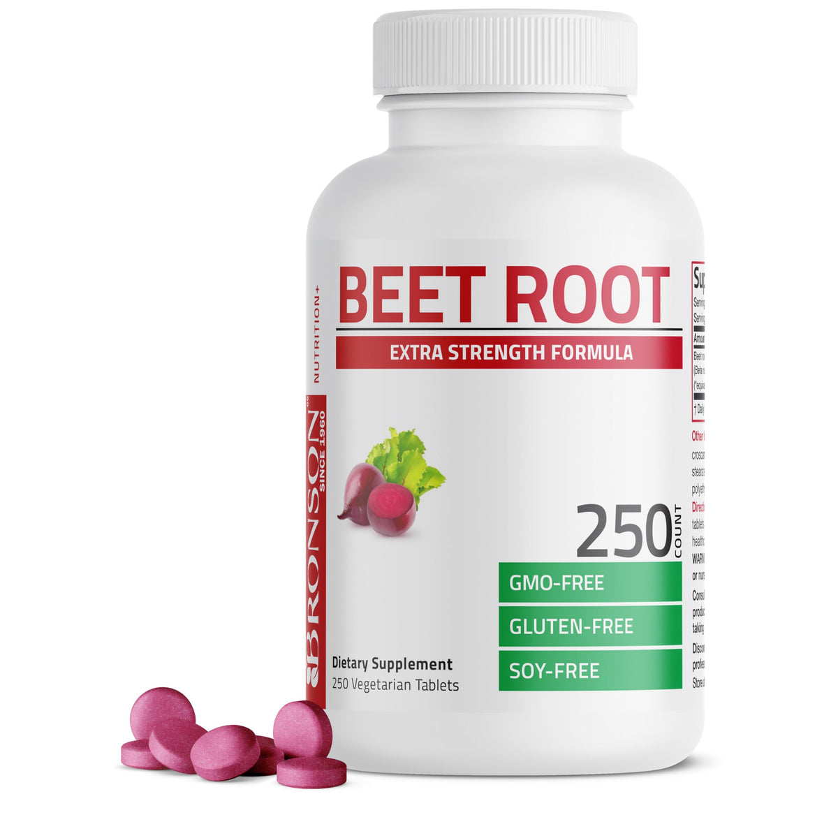 Bronson Beet Root Extra Strength bottle front highlighting vegan, non-GMO formula for daily stamina