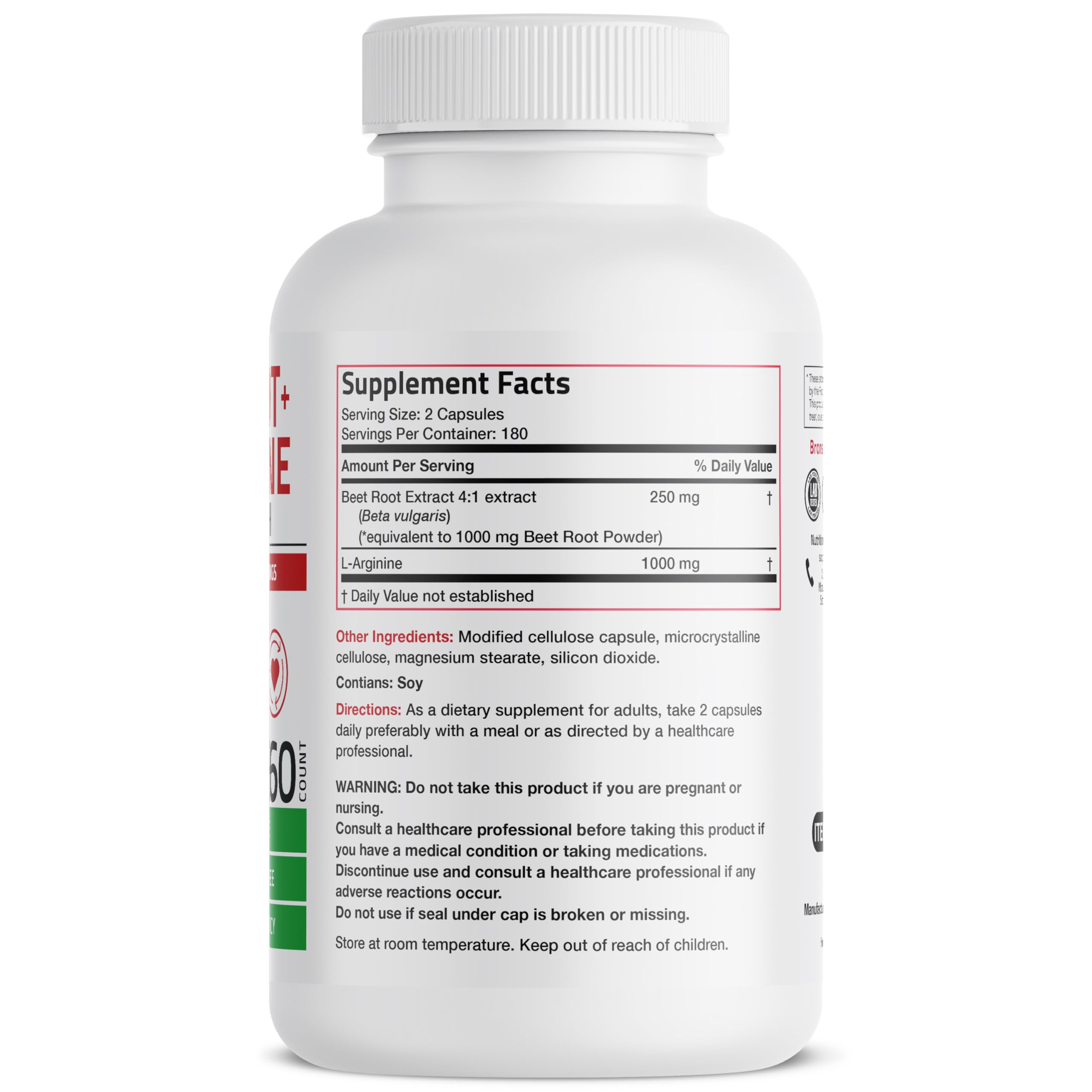 Bronson Beet Root L-Arginine capsules offering easy daily intake