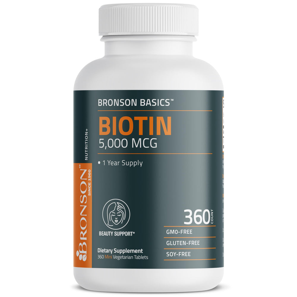 Bronson Biotin 5,000 mcg 360 vegetarian tablets in a single bottle.