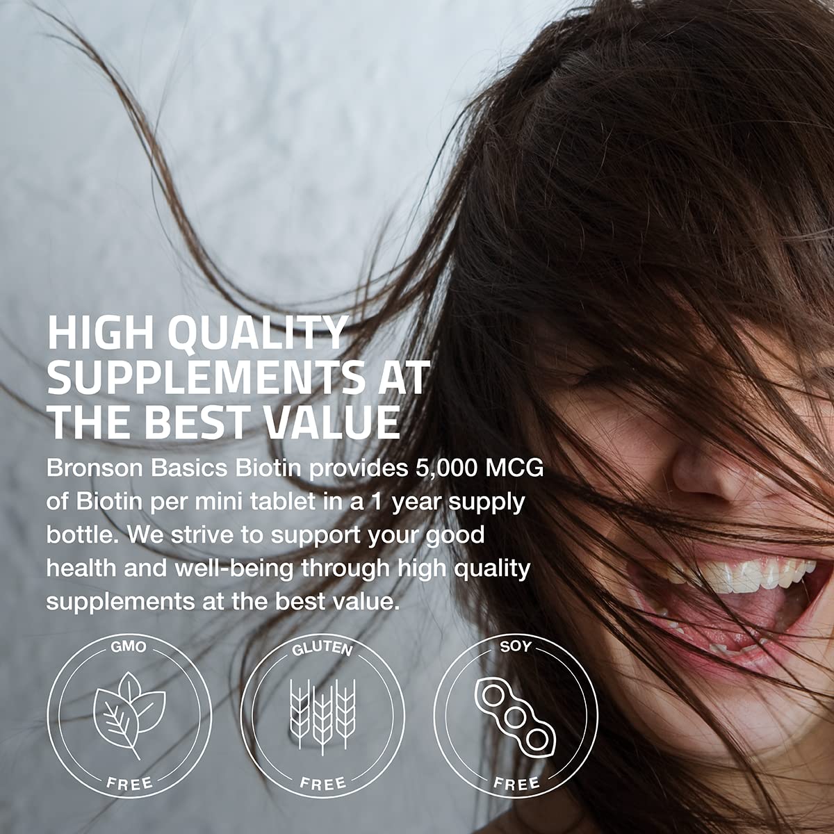Bronson Biotin 5,000 mcg label highlights GMO-free, gluten-free, and soy-free attributes.