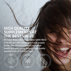 Bronson Biotin 5,000 mcg label highlights GMO-free, gluten-free, and soy-free attributes.