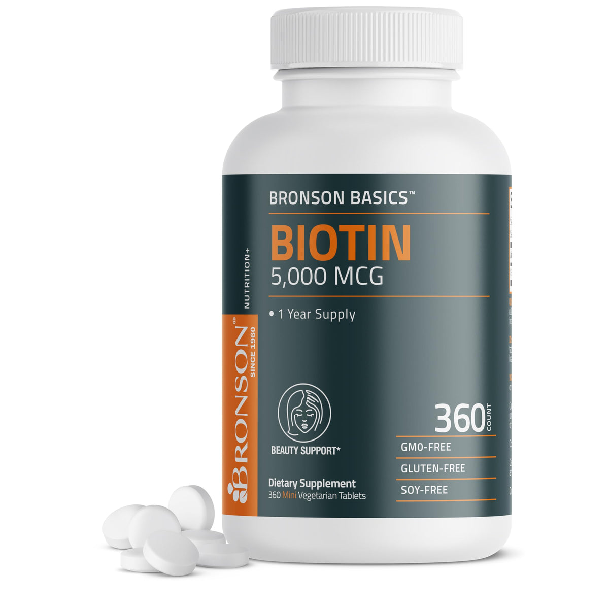 Bronson Biotin 5,000 mcg mini tablets in bottle for daily hair and skin support.