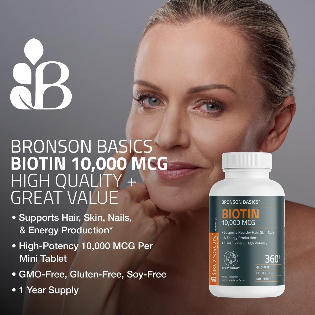 Bronson Biotin packaging displaying 150 tablets for daily use