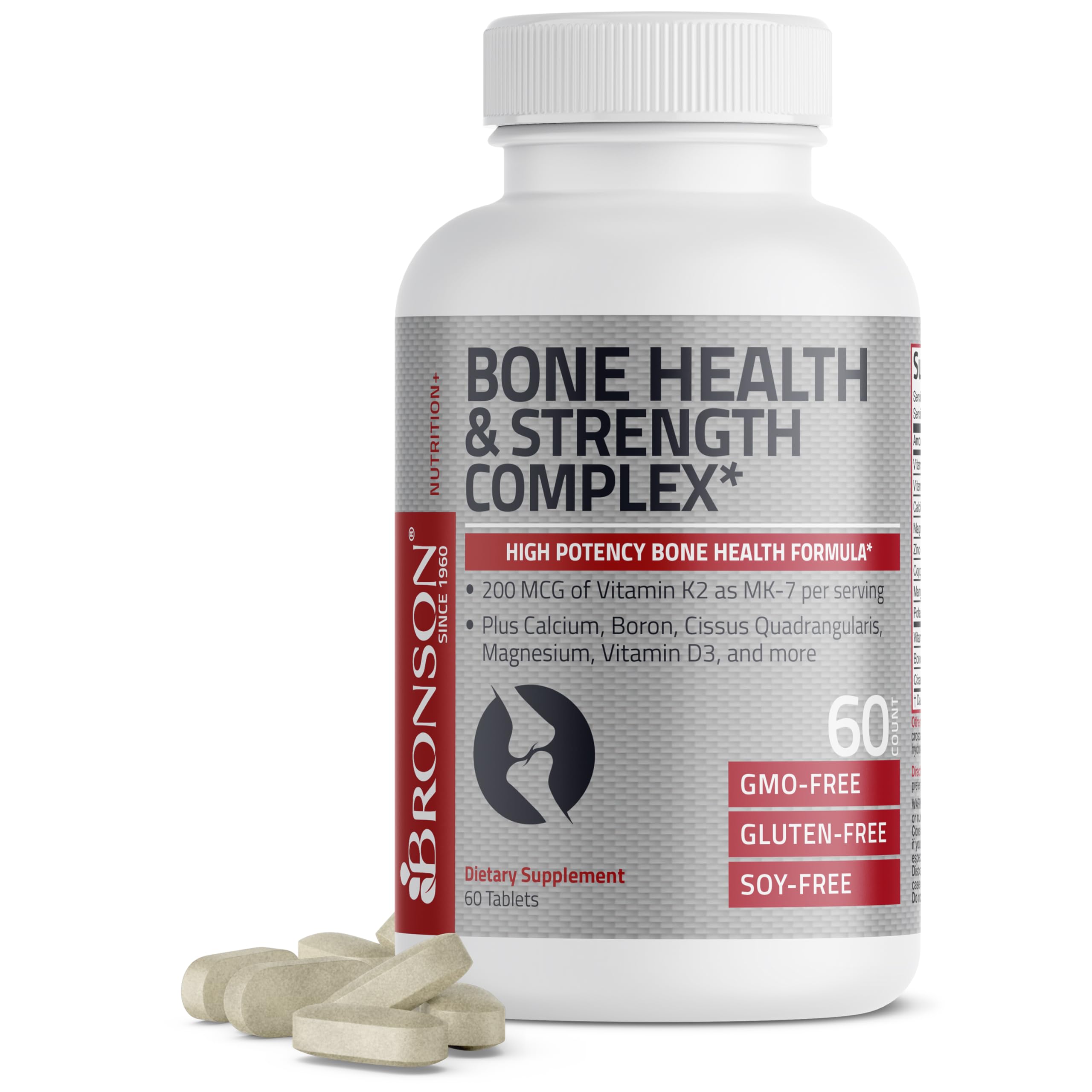 Bronson bone health strength bottle packaging showcases premium, non-GMO formula.