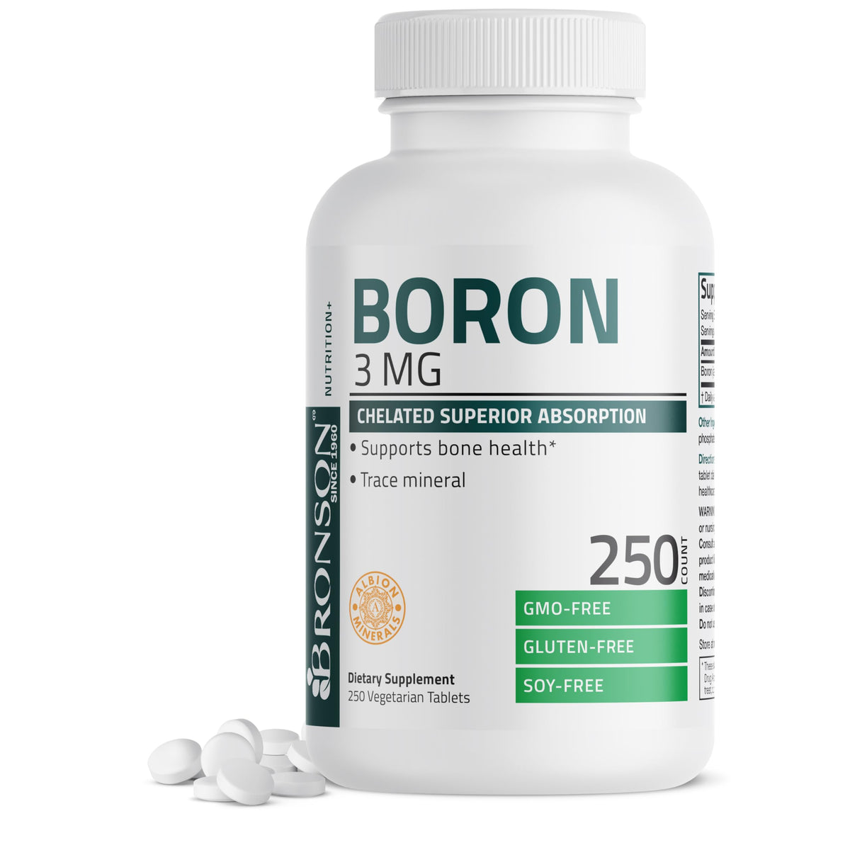 Bronson Boron 3 mg chelated bottle on shelf supports bone health and absorption
