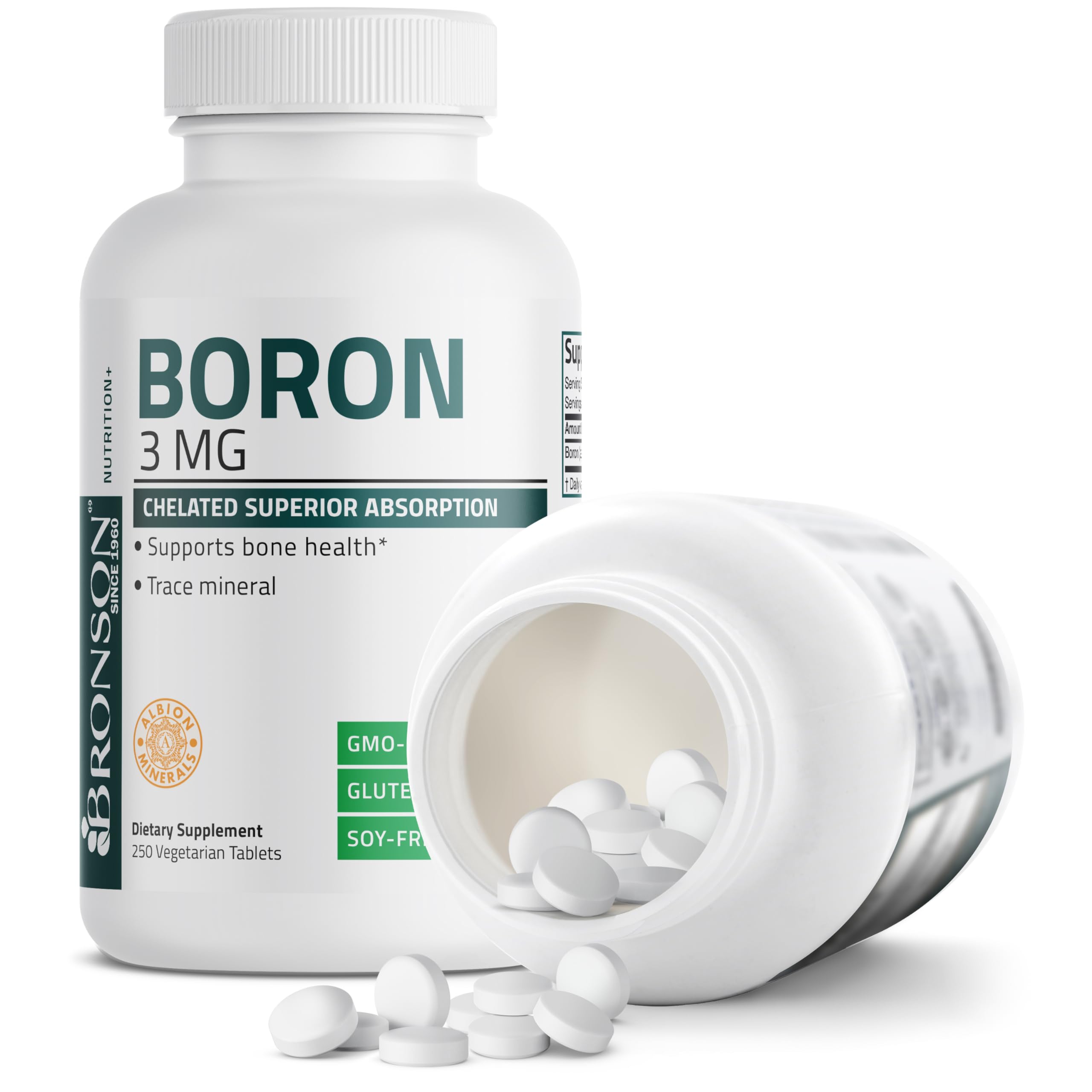 Bronson Boron product label emphasizes non-GMO and gluten-free attributes