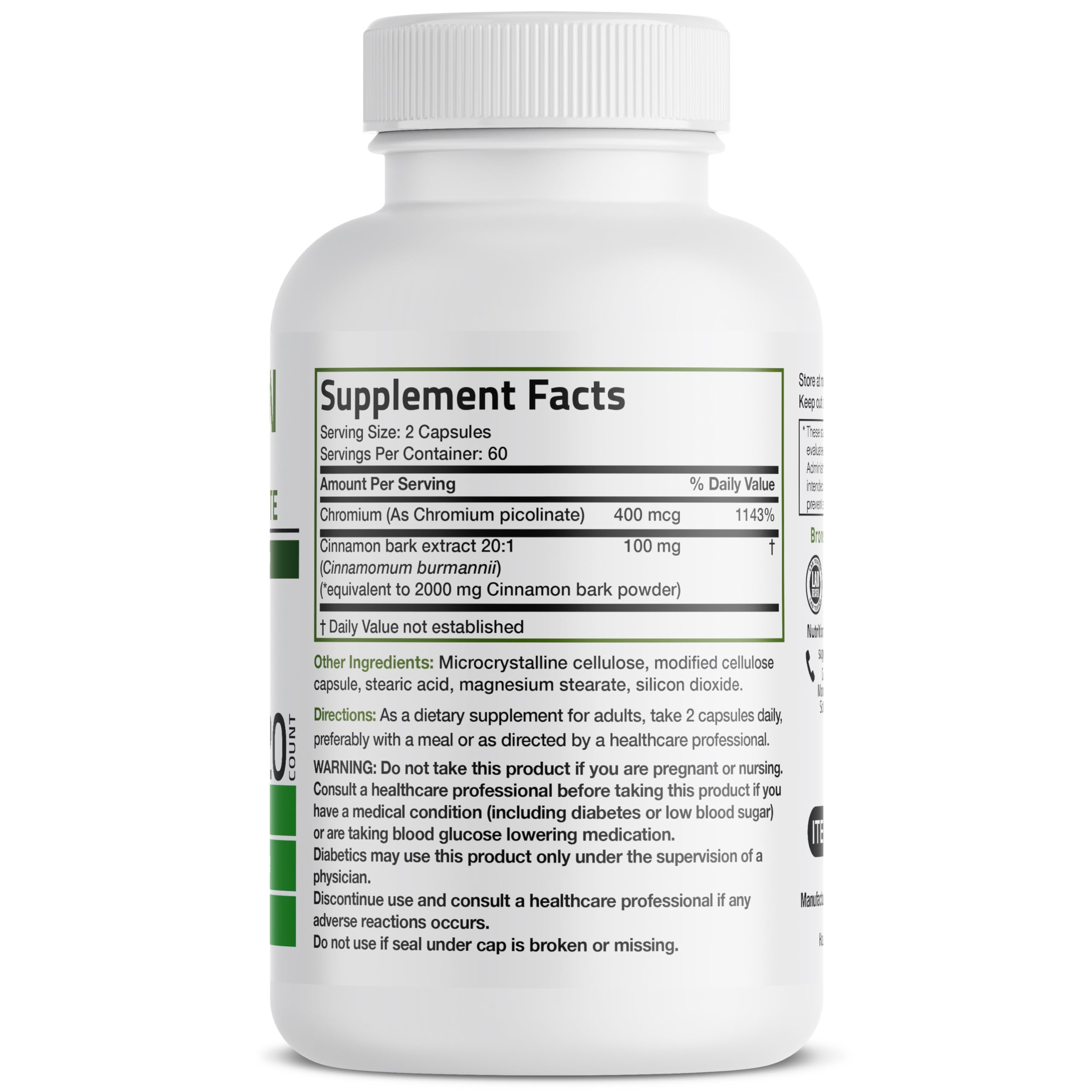Bronson Cinnamon Plus Picolinate packaging close-up highlights non-GMO formula