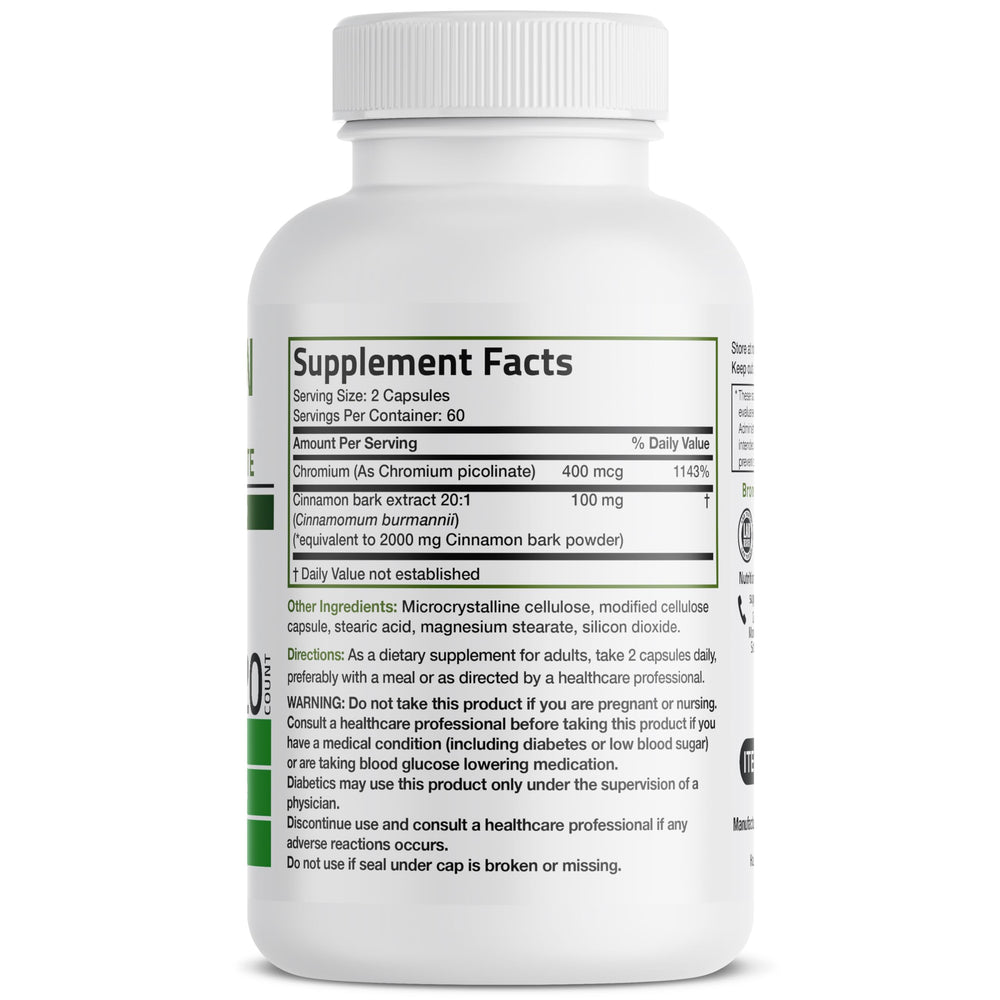 Bronson Cinnamon Plus Picolinate packaging close-up highlights non-GMO formula