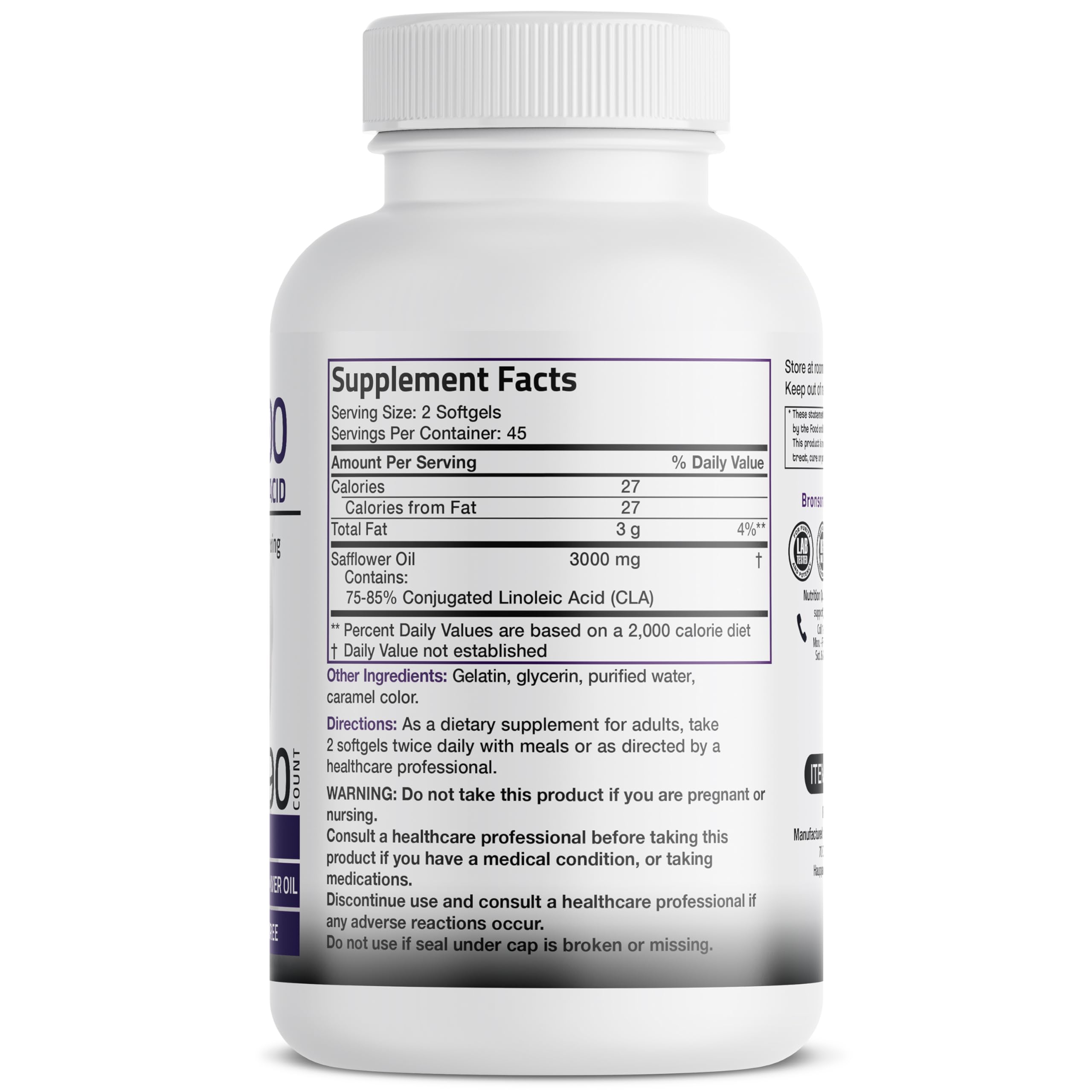 Bronson CLA 3000 bottle side view showing non-stimulating safflower-based formula