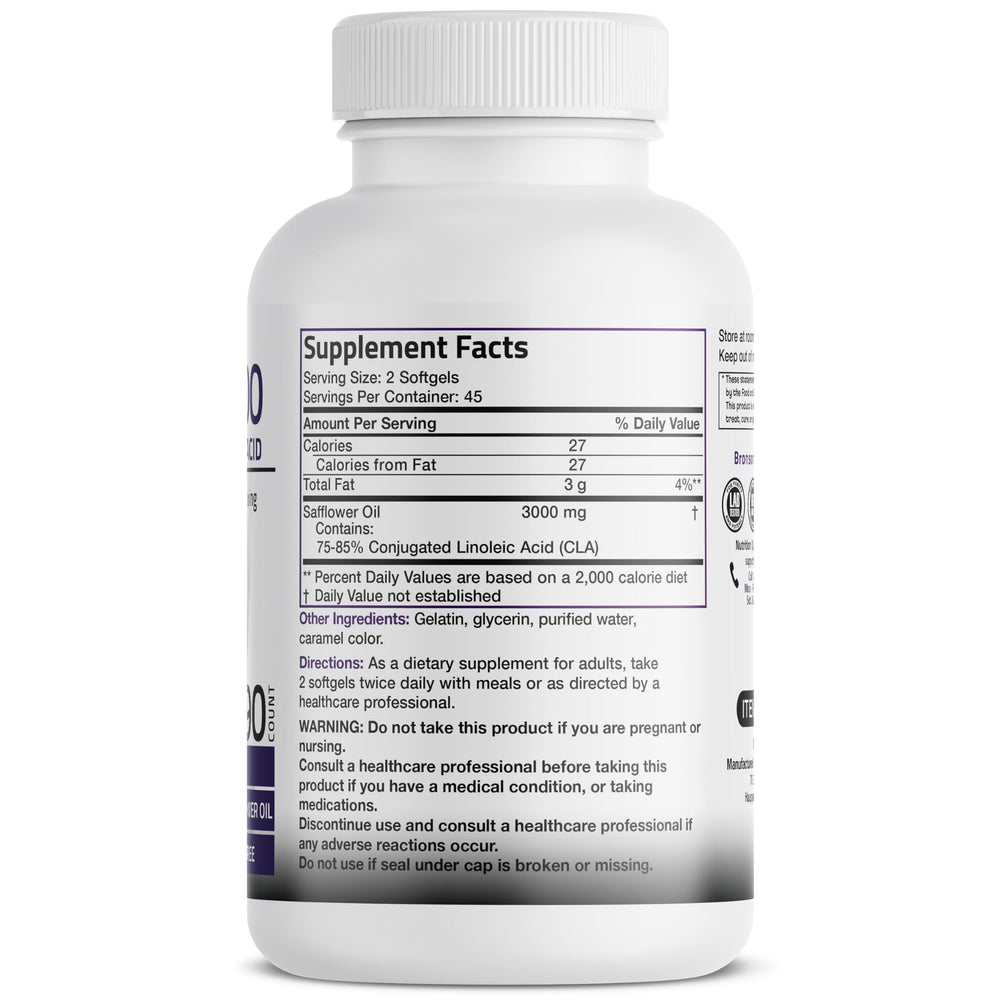 Bronson CLA 3000 bottle side view showing non-stimulating safflower-based formula