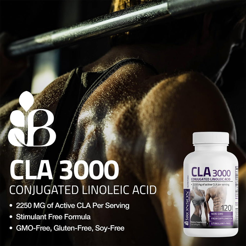 Bronson CLA 3000 softgels closeup emphasizing high potency per serving