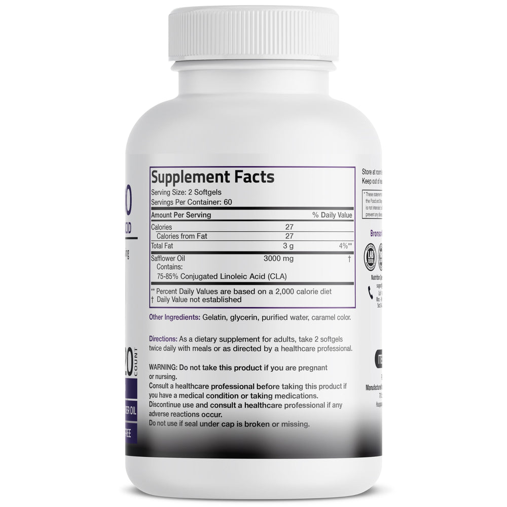 Bronson CLA 3000 softgels close-up emphasizing non-stimulating formula for daily support.