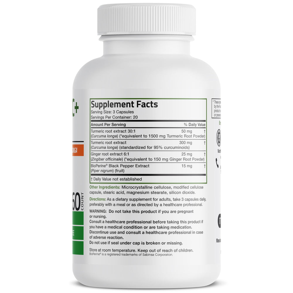 Bote de vidrio Bronson cúrcuma-jengibre con información de absorción.