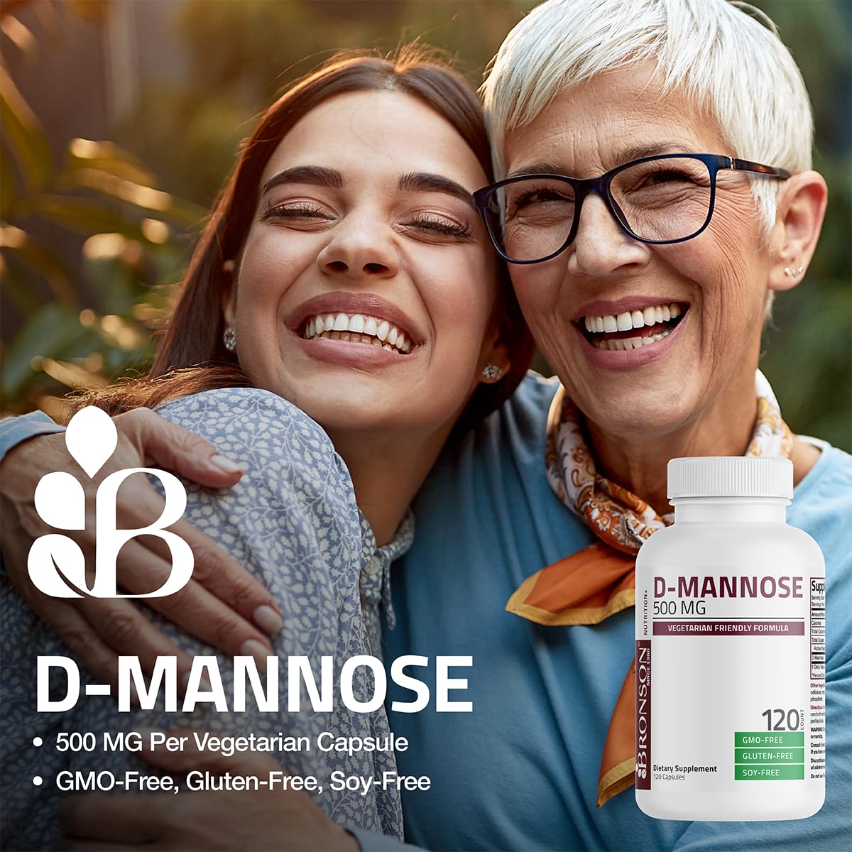 Bronson D-Mannose bottle side showing dosage information for easy planning