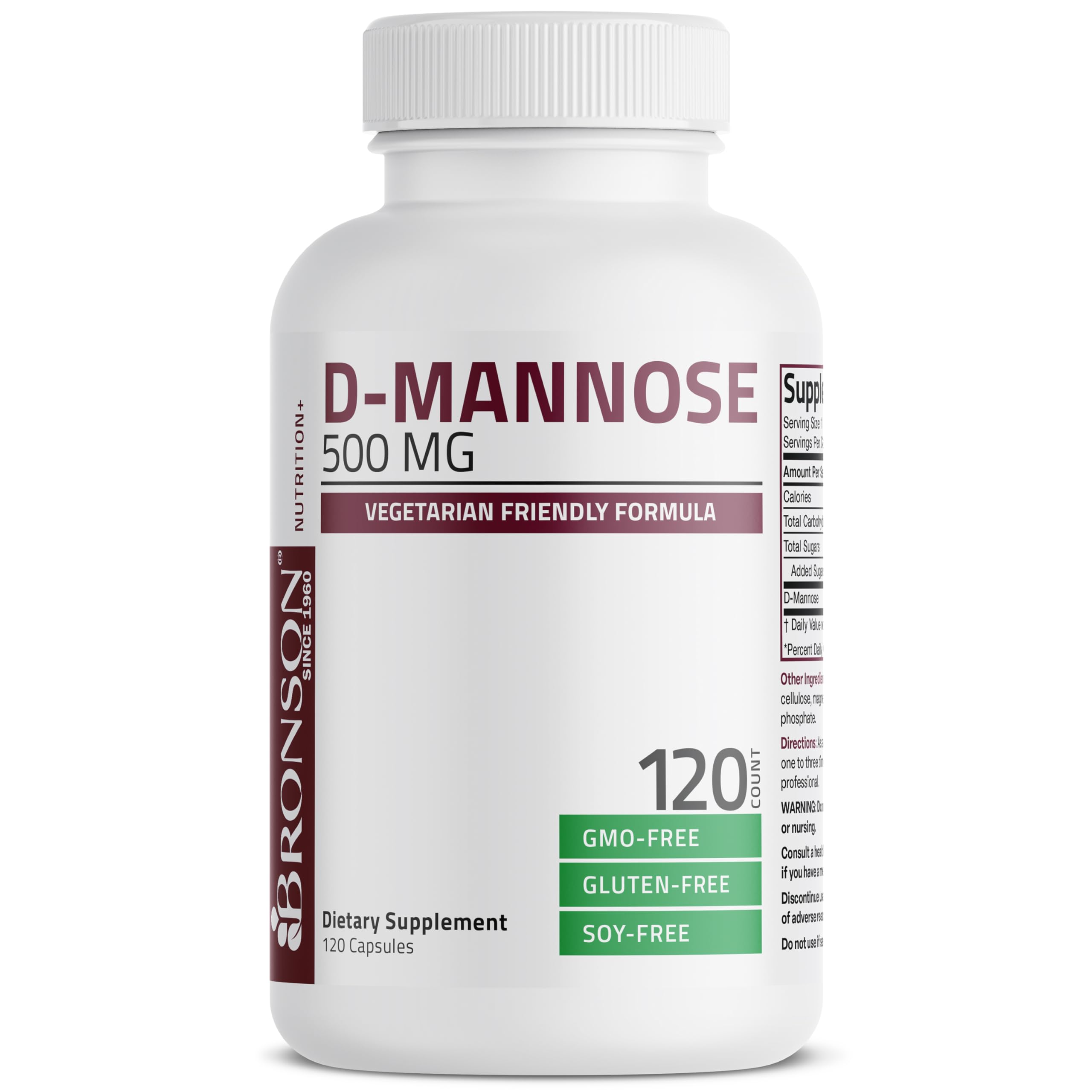 Bronson D-Mannose labeling panel shows vegan and non-GMO features