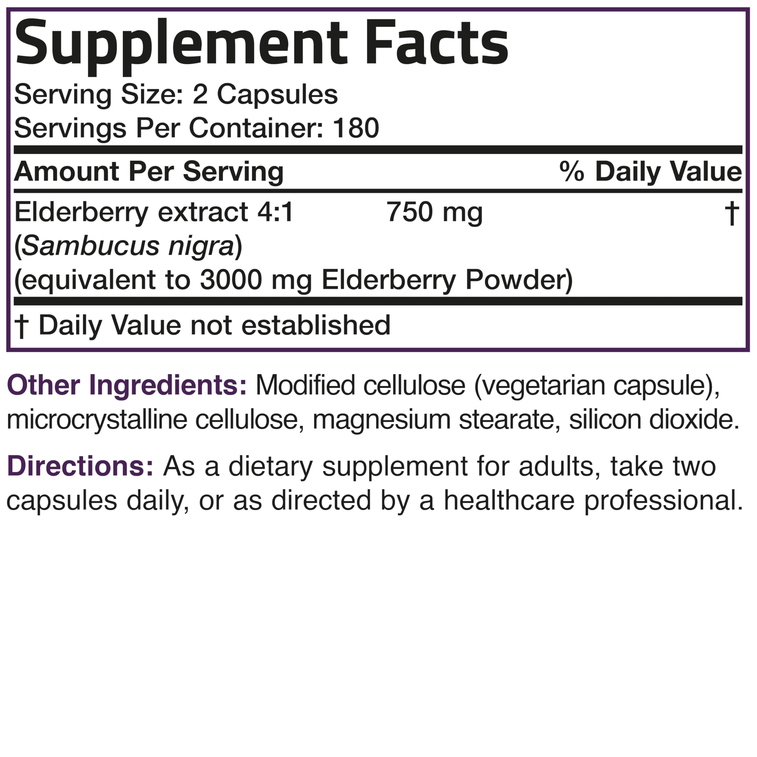 Bronson Elderberry Extra Strength packaging shows gluten-free ingredients and quality assurance