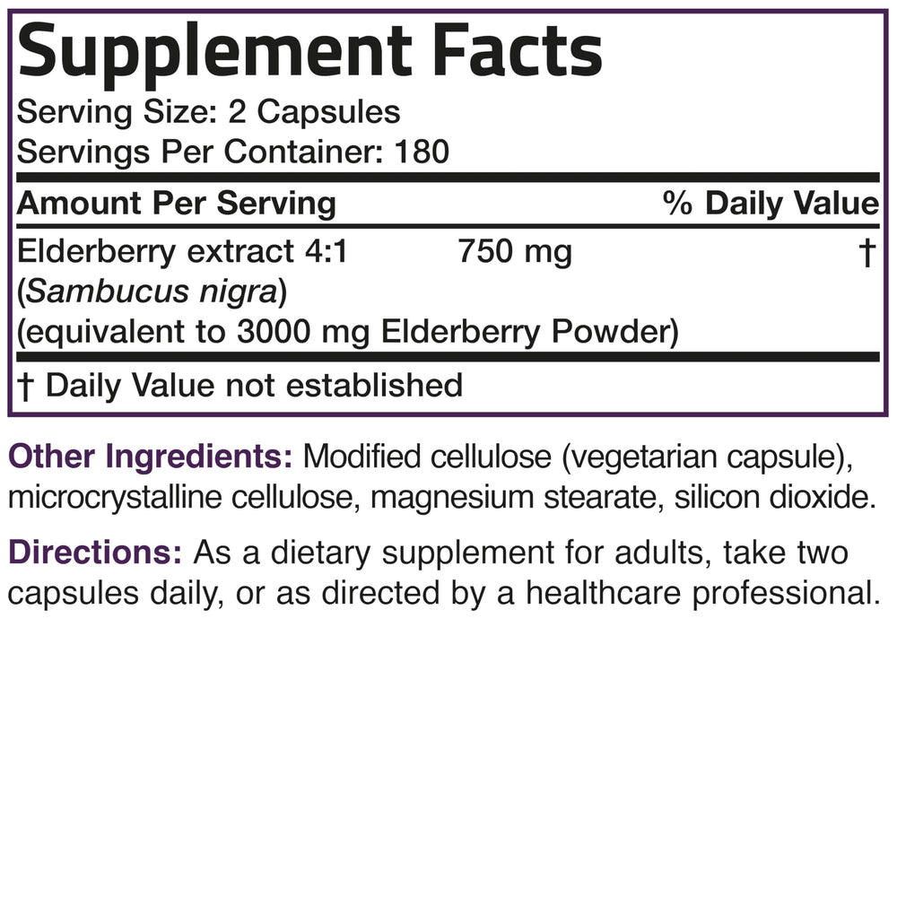 Bronson Elderberry Extra Strength packaging shows gluten-free ingredients and quality assurance