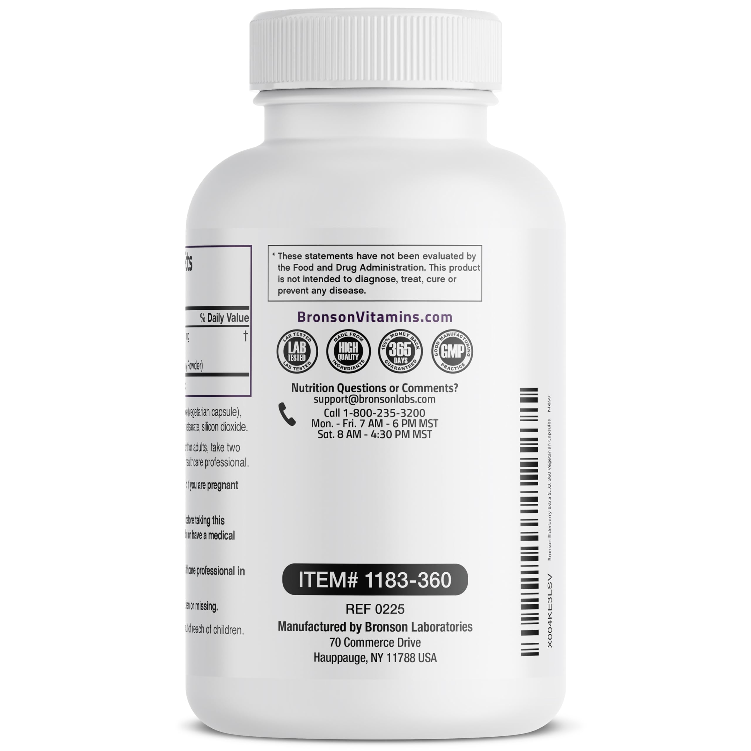 Bronson Elderberry Extra Strength supplement facts panel confirms vegan, non-GMO formulation