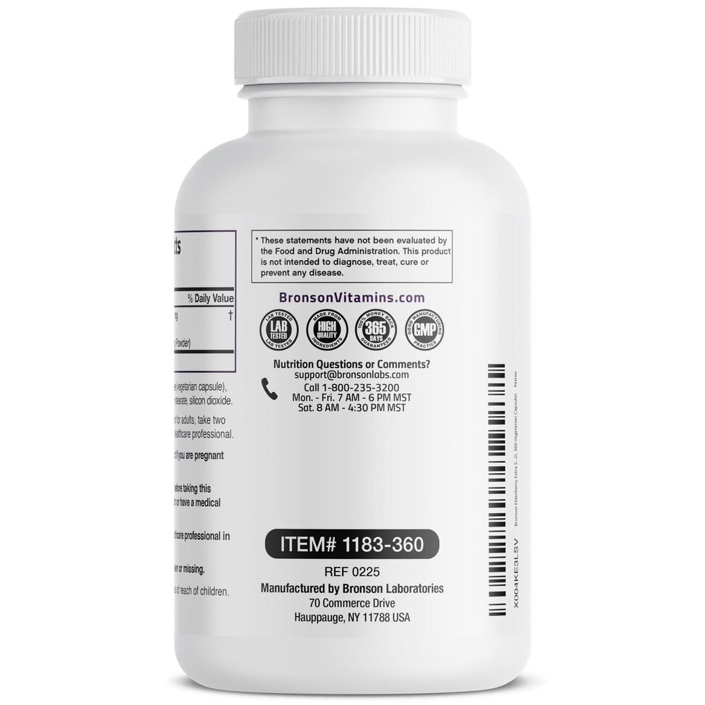 Bronson Elderberry Extra Strength supplement facts panel confirms vegan, non-GMO formulation