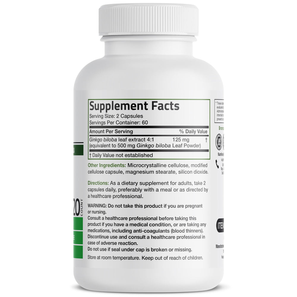 Bronson Ginkgo Biloba capsules close-up showing vegetarian formula for easy daily use.