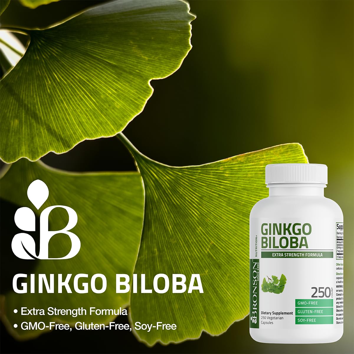 Bronson Ginkgo Biloba label notes cGMP standards and allergen-free ingredients.