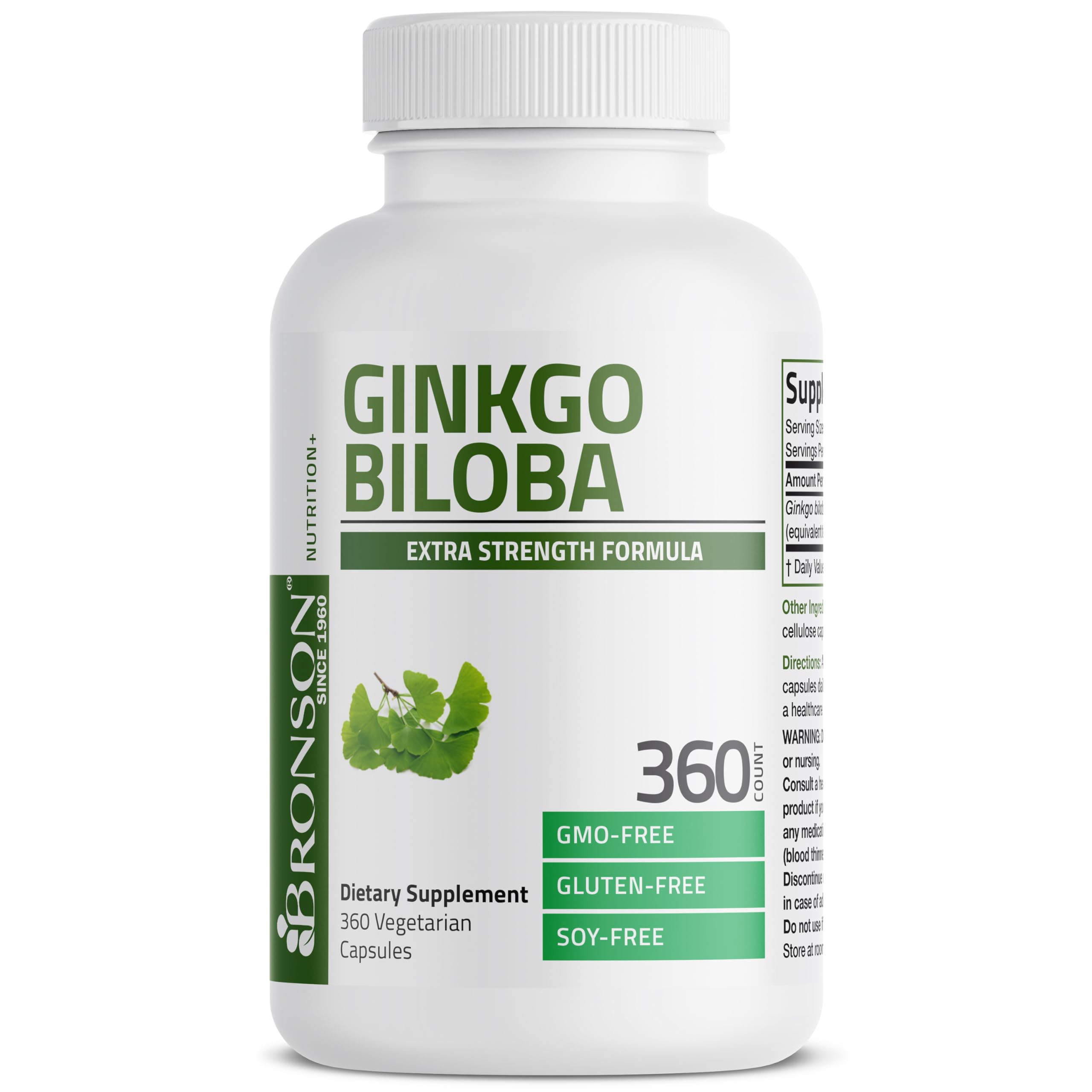 Bronson Ginkgo Biloba nutrition facts card emphasizes GMO-free, gluten-free, soy-free.
