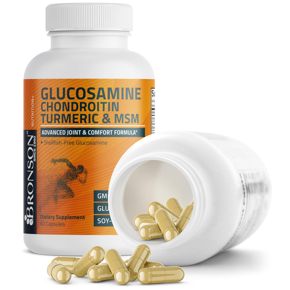 Bronson Glucosamina Condroitina Turmeric MSM, cápsulas en primer plano para consumo diario.